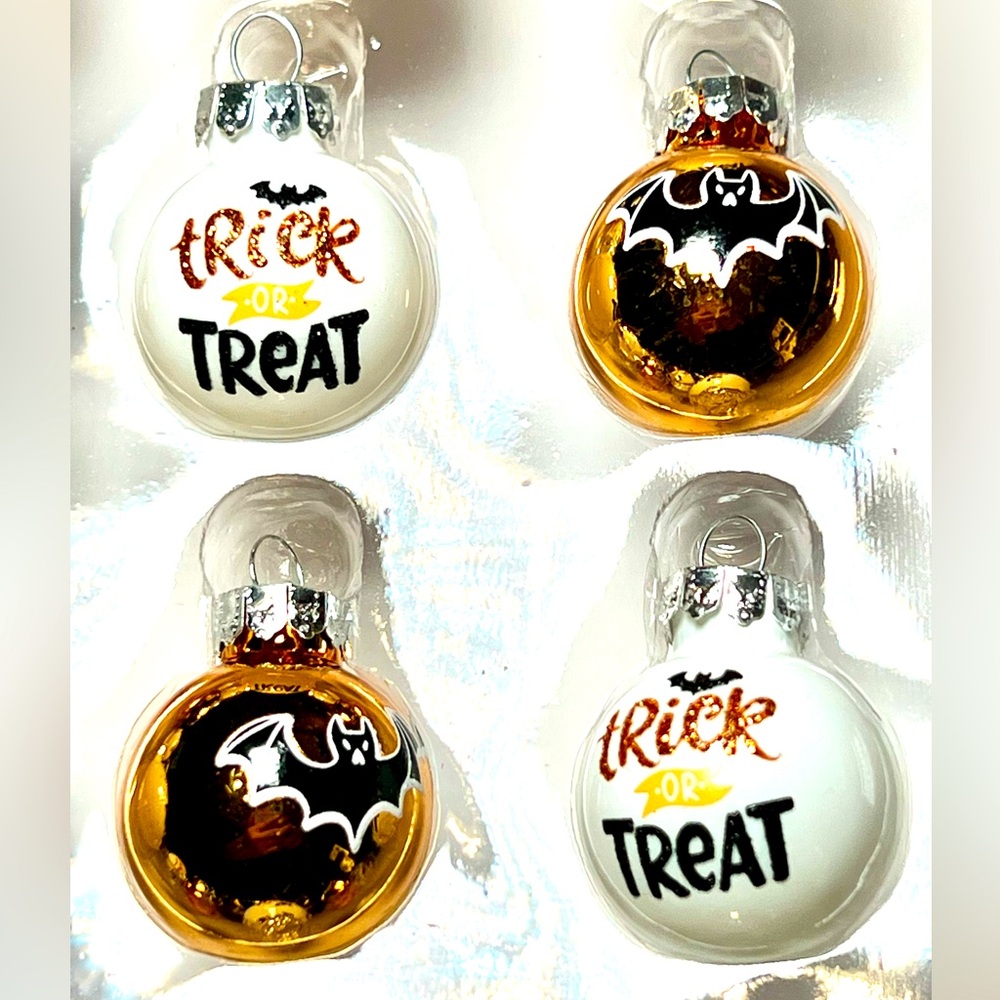 20 Mini Halloween Orange & White Glass Ball Ornaments Trick or Treat Vampire Bat